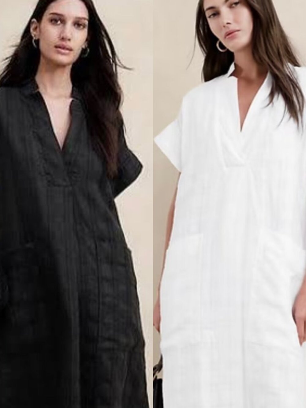 Banana Republic Tall “Laurel”Linen Dress,V-Neck- Black, White- LT